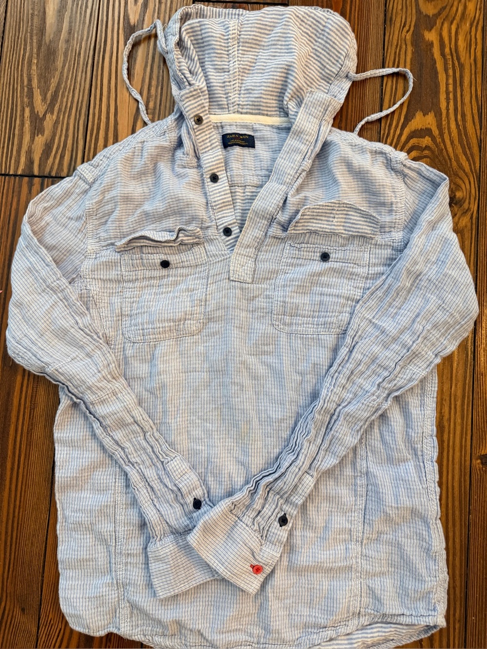 Zara Light Blue & White Striped Hooded Pullover